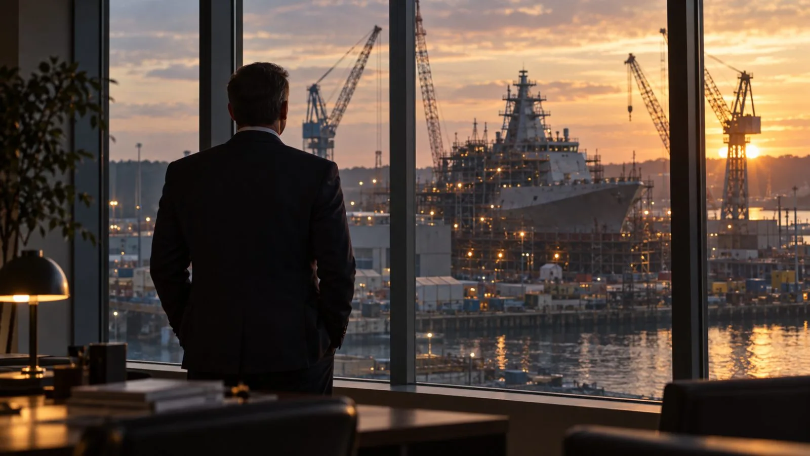 Executive silhouette overlooks a naval ship under construction / TokenPost.ai