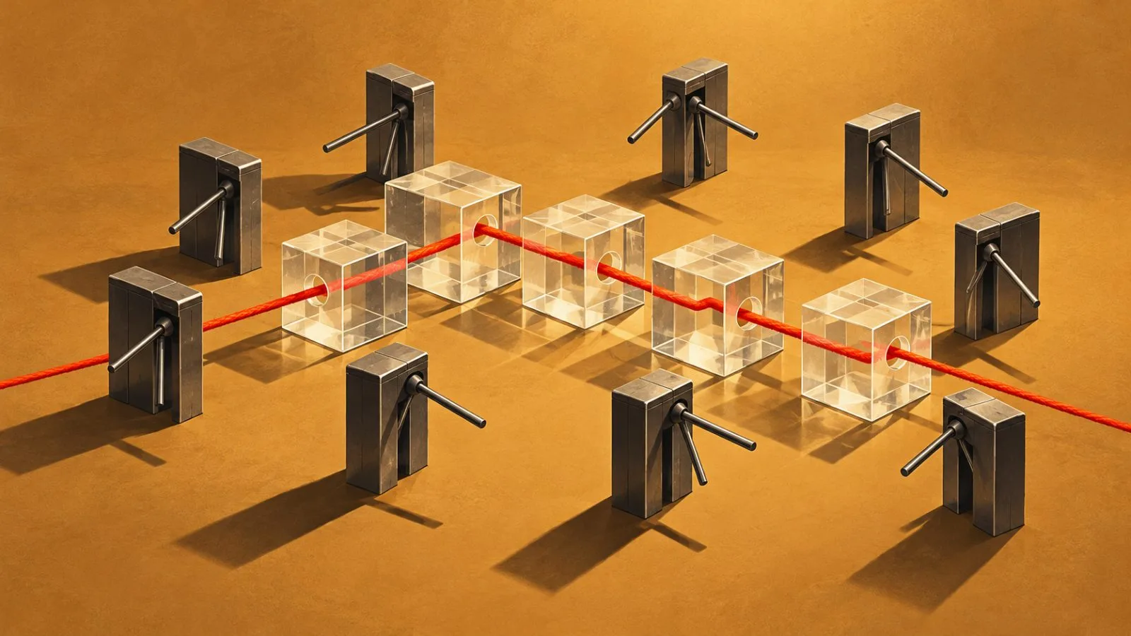 A red thread passes through linked acrylic blocks and metal gates / TokenPost.ai