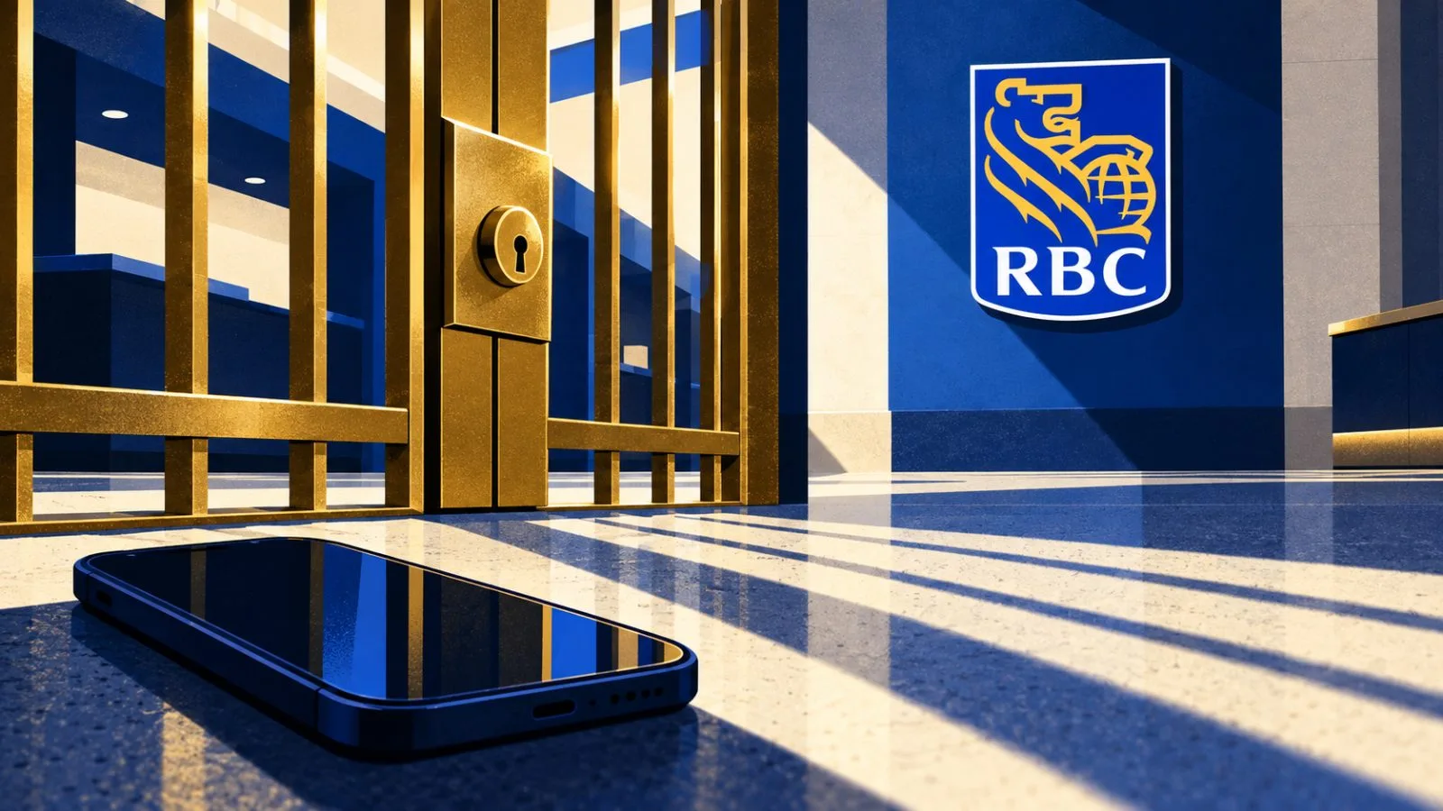 An unmarked phone sits before a locked brass access gate / TokenPost.ai