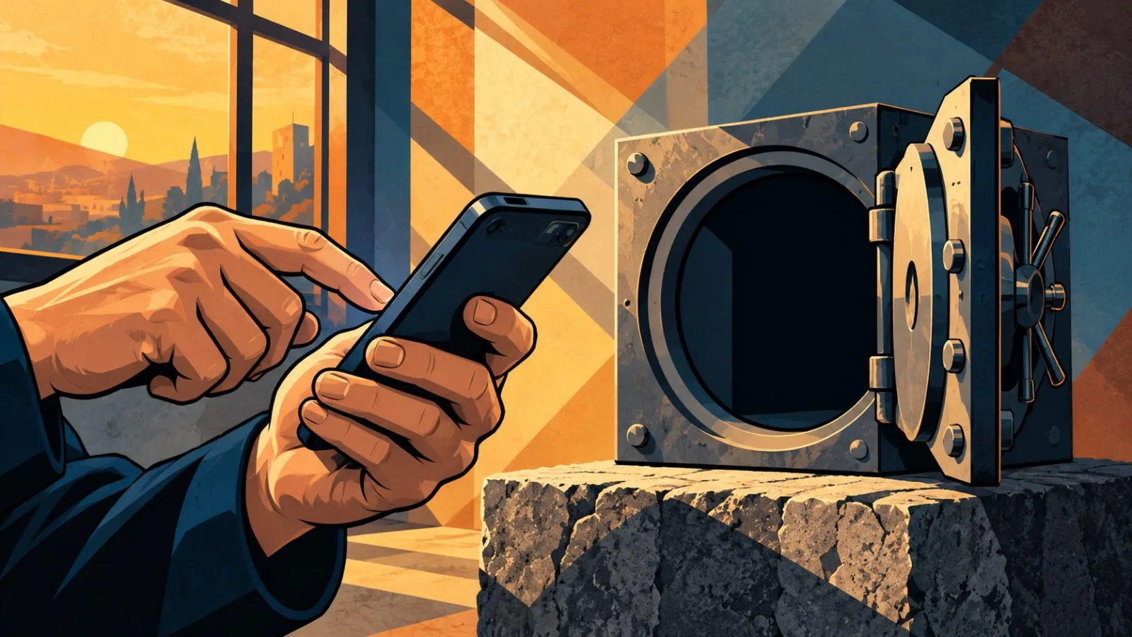 Handheld smartphone beside an open miniature vault door / TokenPost.ai