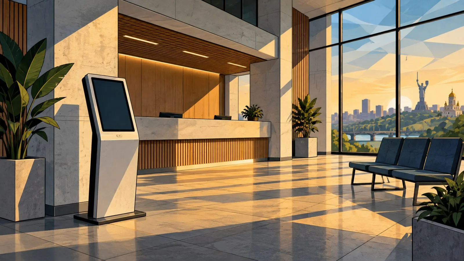 Empty public service lobby with a self-service kiosk / TokenPost.ai