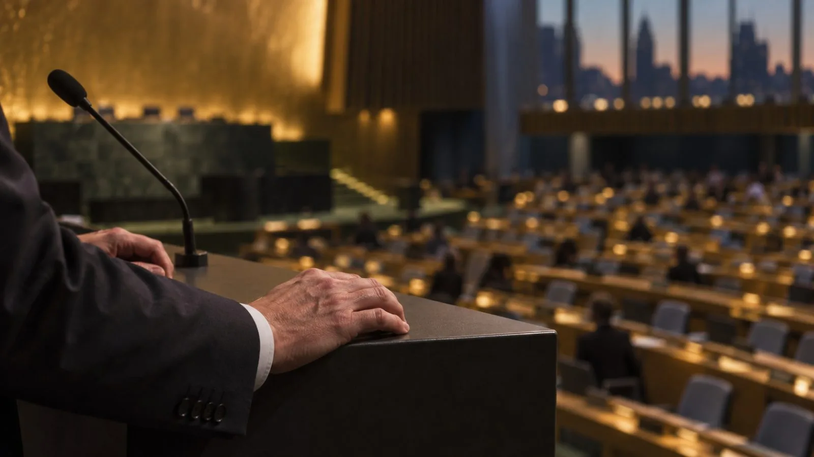 Diplomat’s hands rest on a lectern inside an assembly hall / TokenPost.ai