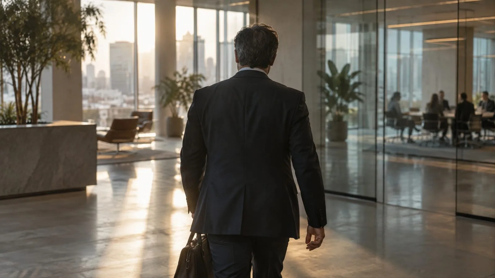 An executive walks past glass walls into a sunlit company lobby / TokenPost.ai