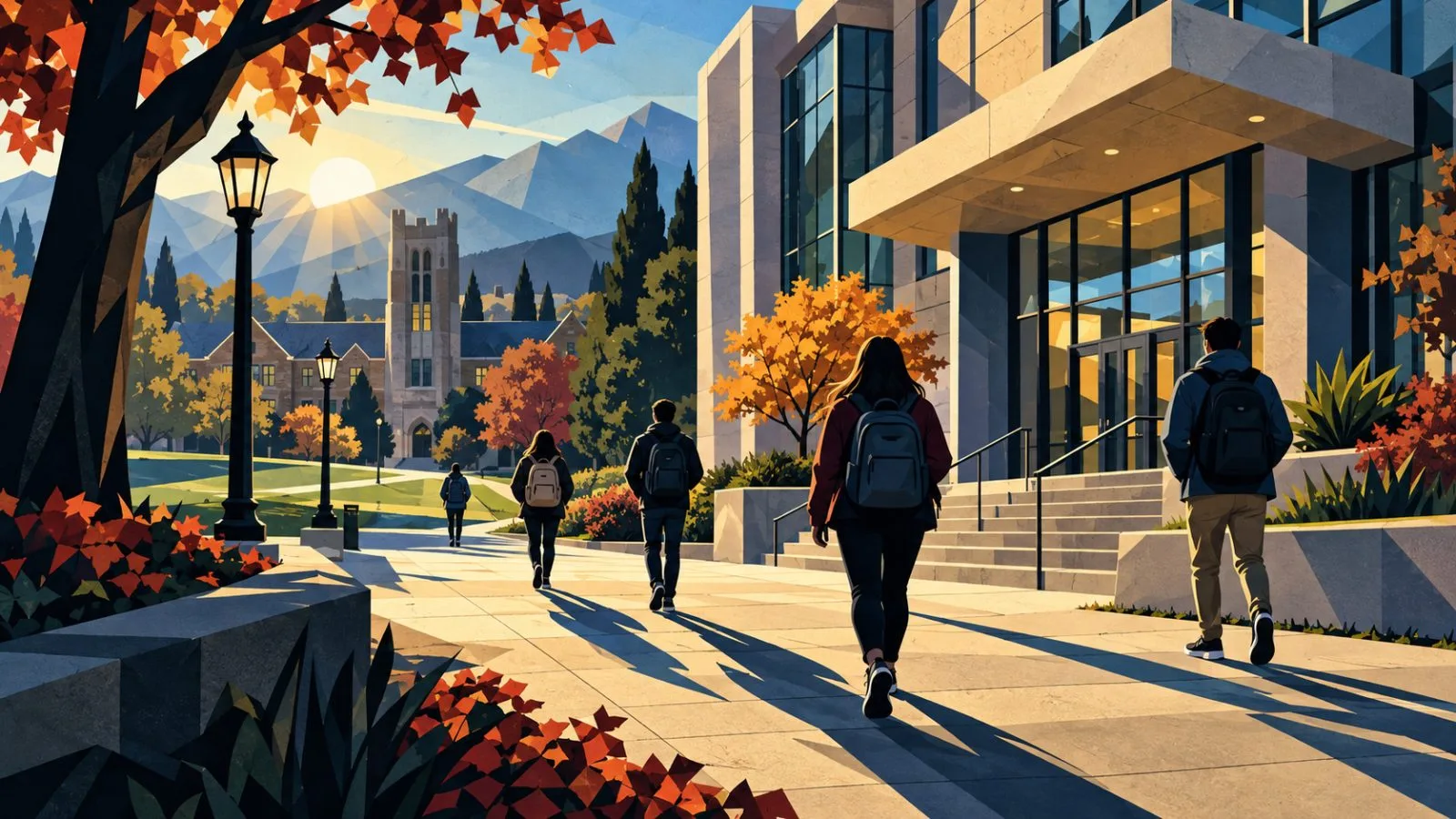 Students walk across a quiet university campus in morning sunlight / TokenPost.ai