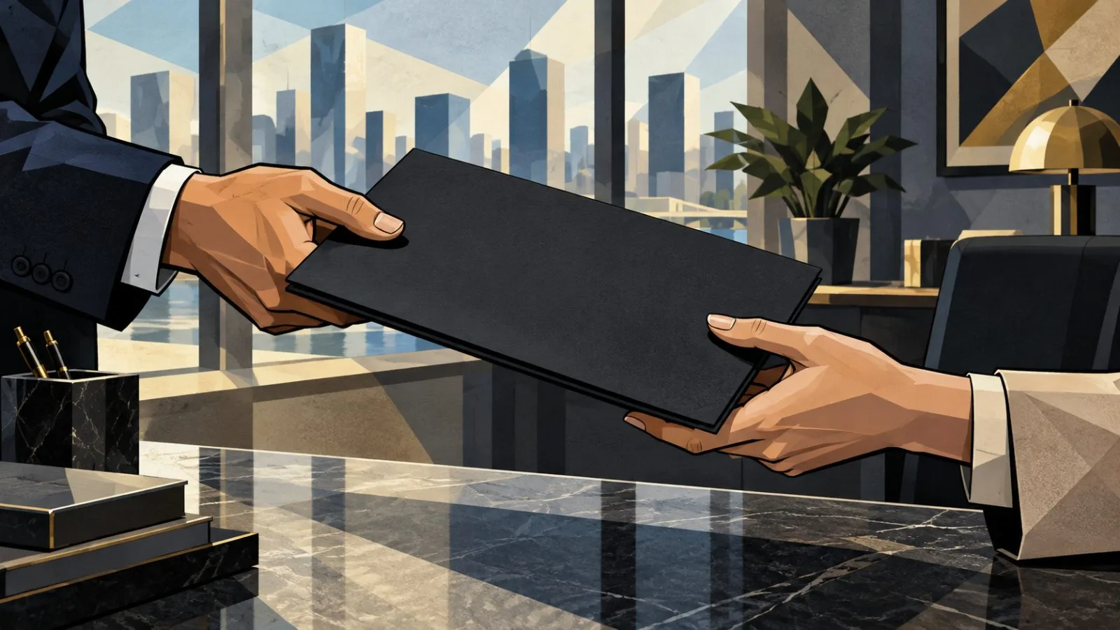 Anonymous hands exchange a plain folder across an office counter / TokenPost.ai