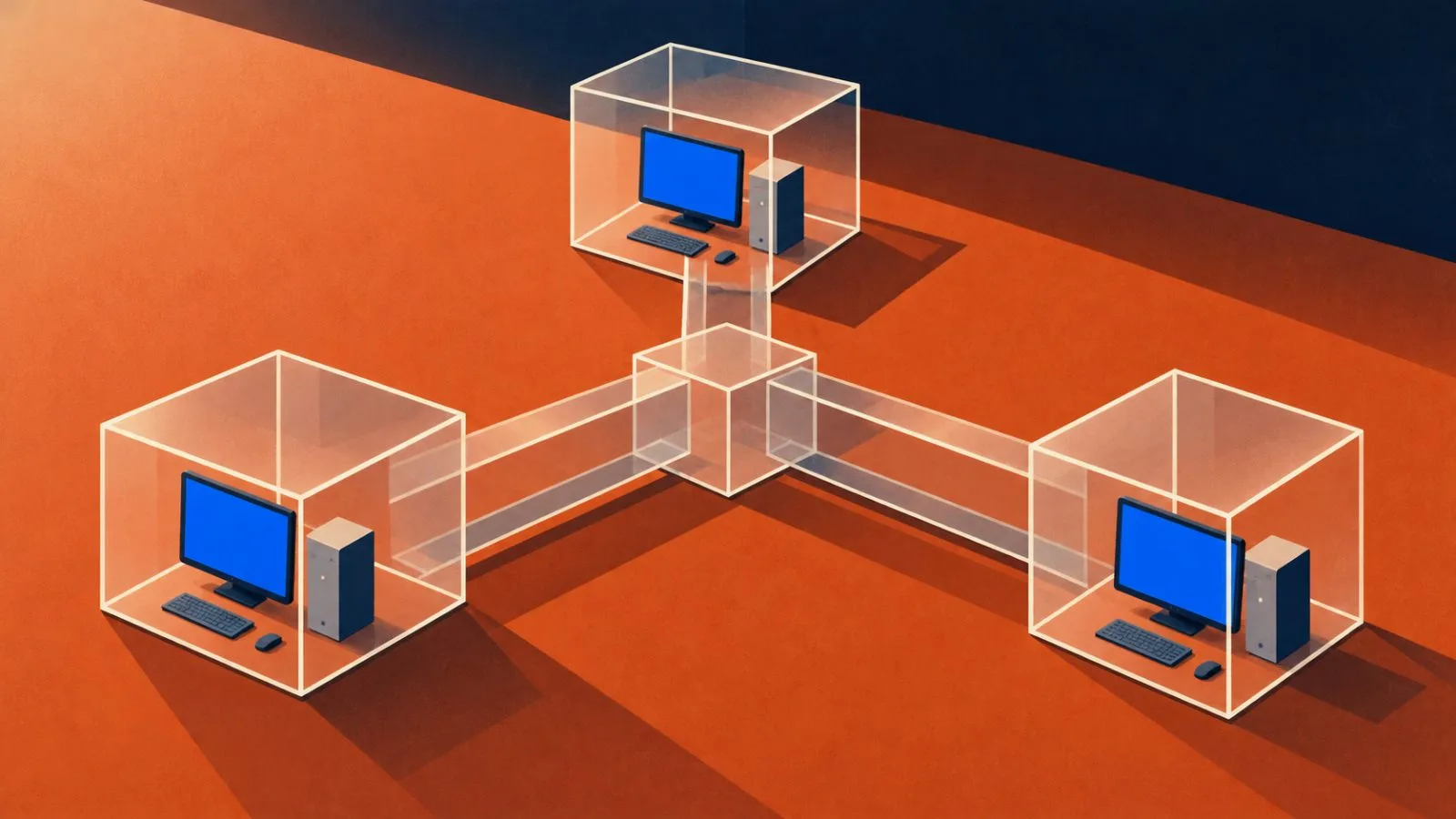 Three computers sit in separate clear compartments on an orange floor. / TokenPost.ai