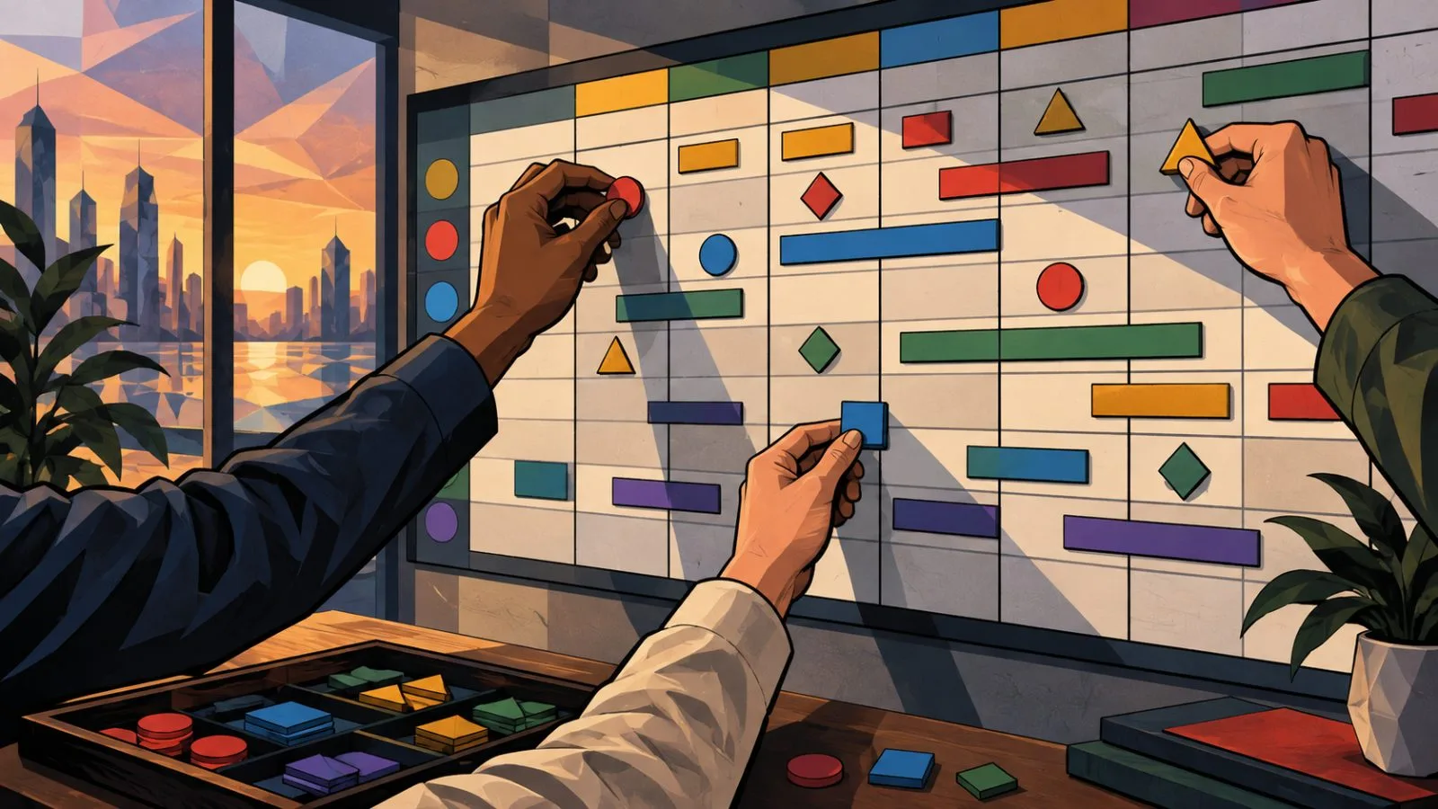 Hands arrange blank markers across a timed forecasting board / TokenPost.ai