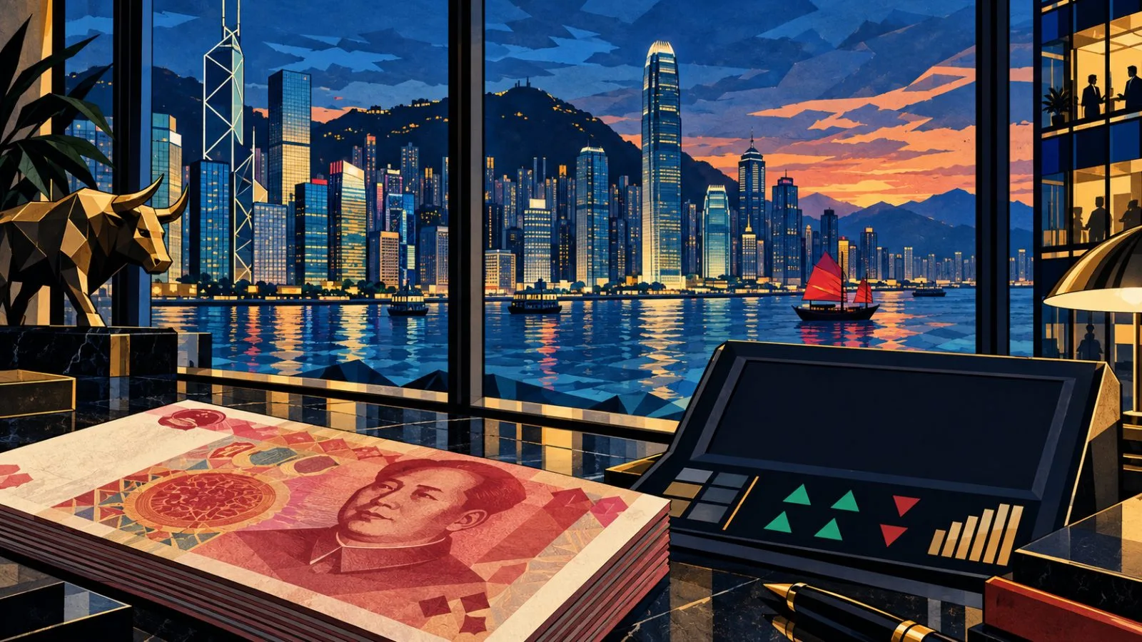 Yuan banknote beside a stock settlement terminal at dusk / TokenPost.ai