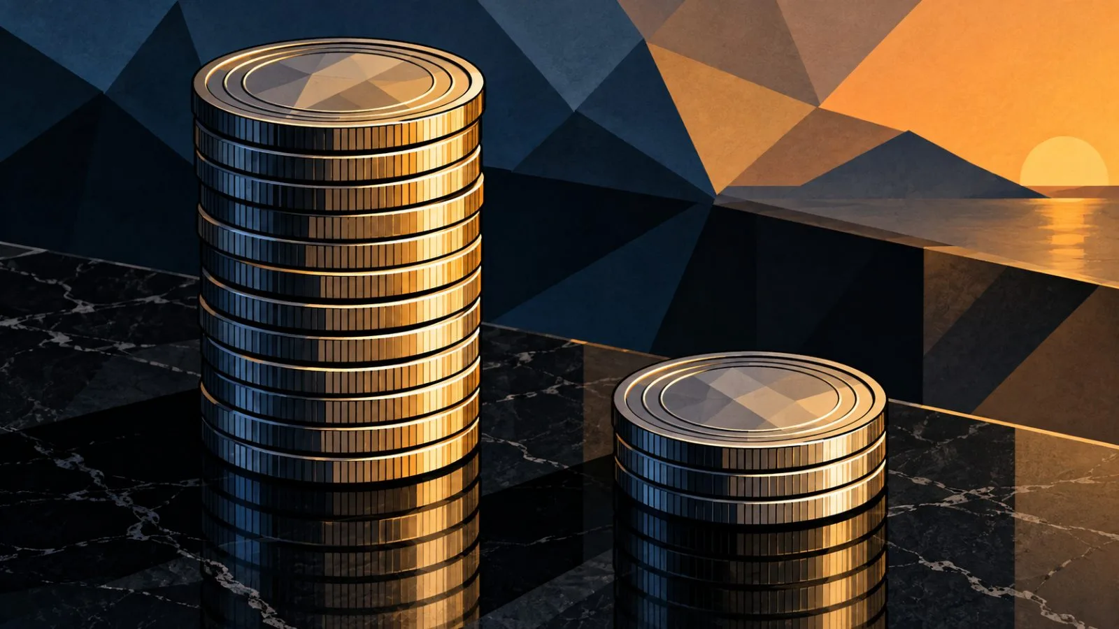 Metallic coin tokens arranged in contrasting stacks on glass / TokenPost.ai