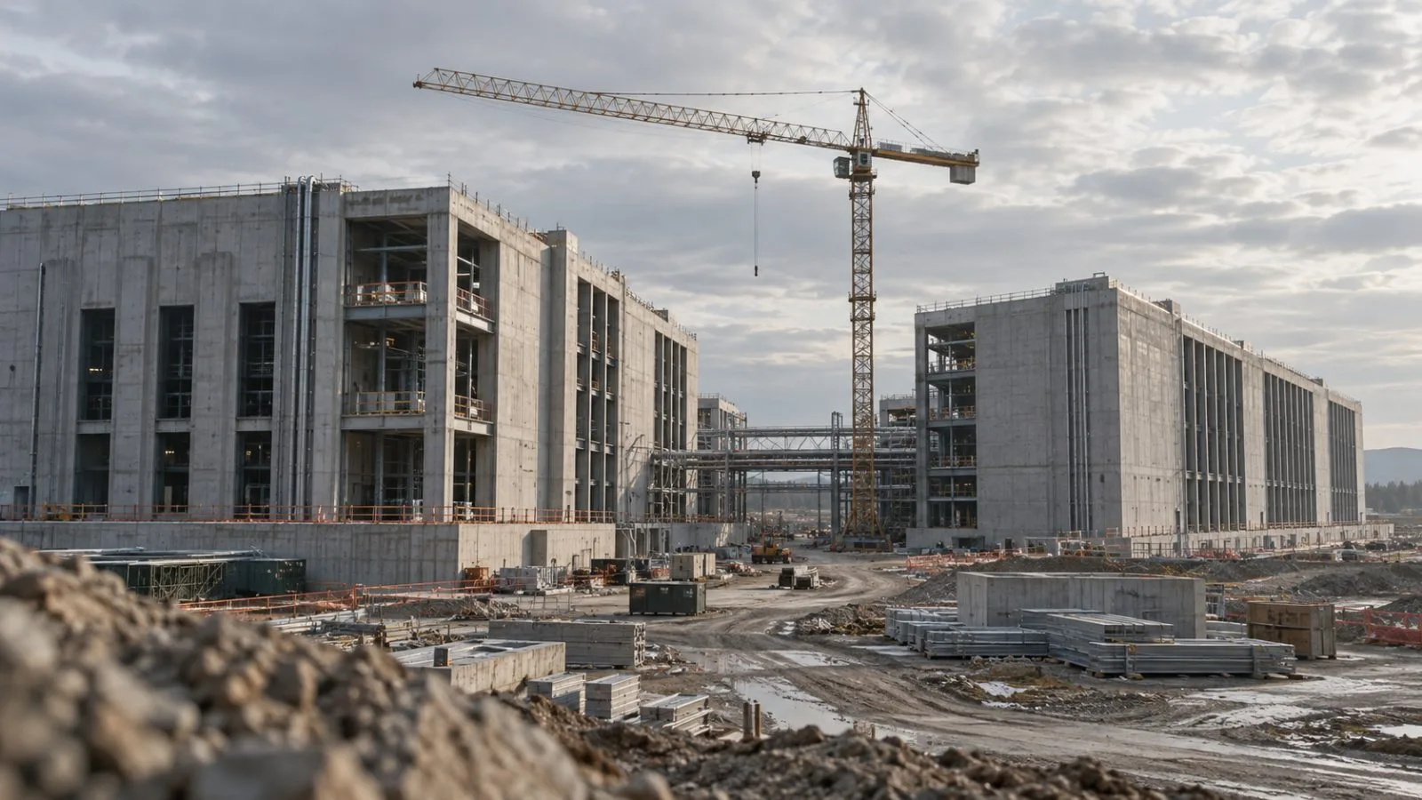 A crane stands between two unfinished data center buildings / TokenPost.ai