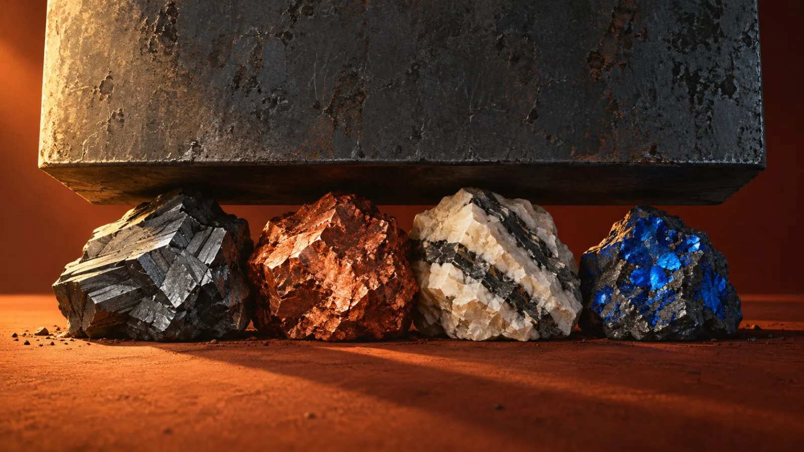 Four mineral samples sit beneath a heavy steel plate / TokenPost.ai