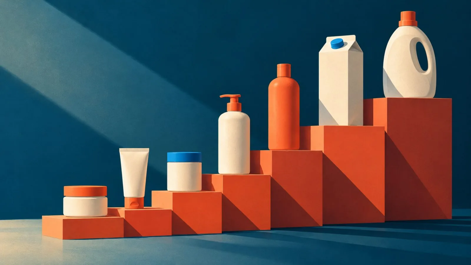 Unbranded consumer products arranged across ascending colored display blocks / TokenPost.ai