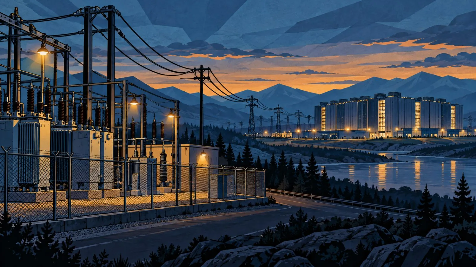 Utility cables and a substation beside an illuminated data center / TokenPost.ai