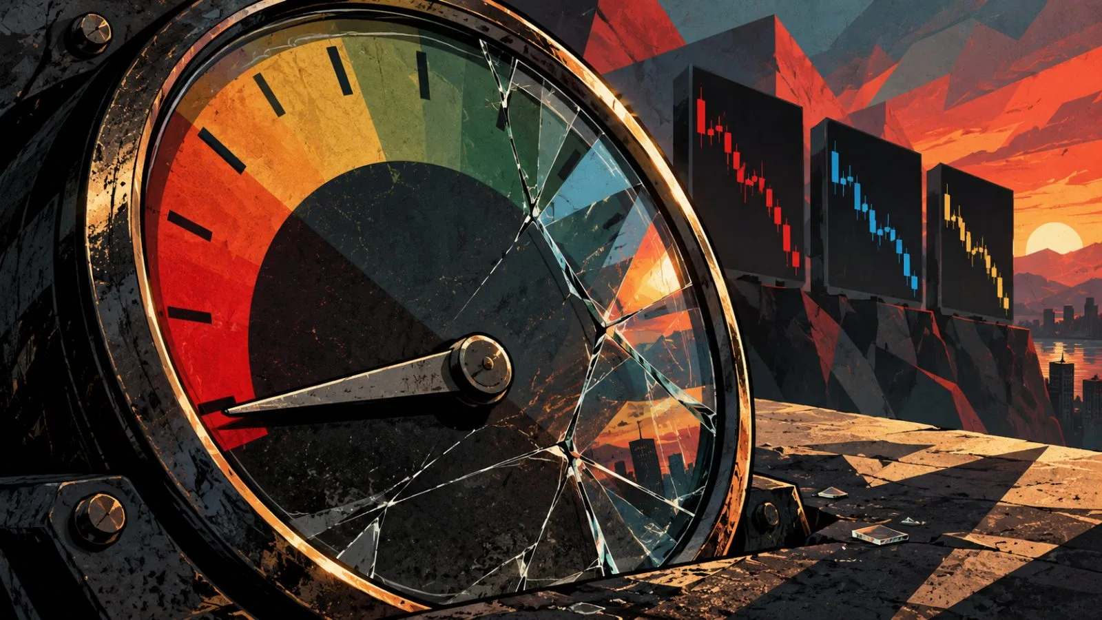 A metal pointer rests low against a cracked glass gauge / TokenPost.ai