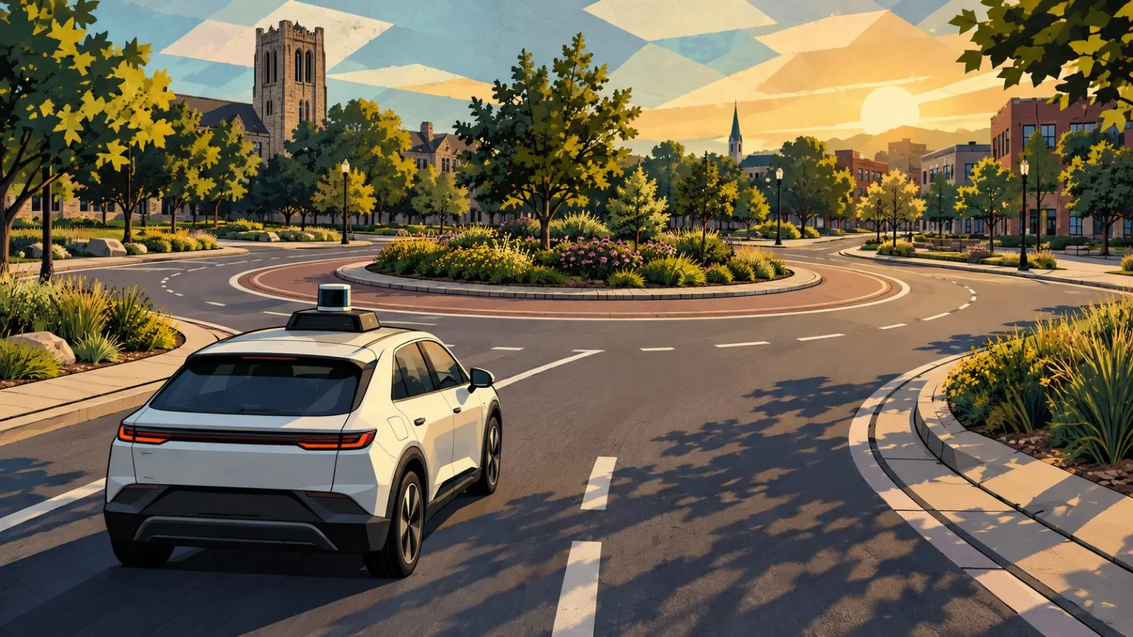 Autonomous vehicle approaches a landscaped two-lane roundabout / TokenPost.ai