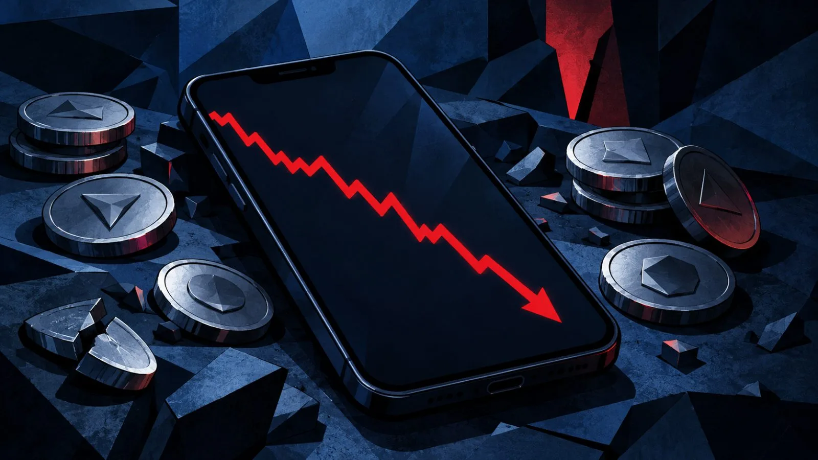 Smartphone beside scattered tokens under dramatic blue studio lighting / TokenPost.ai