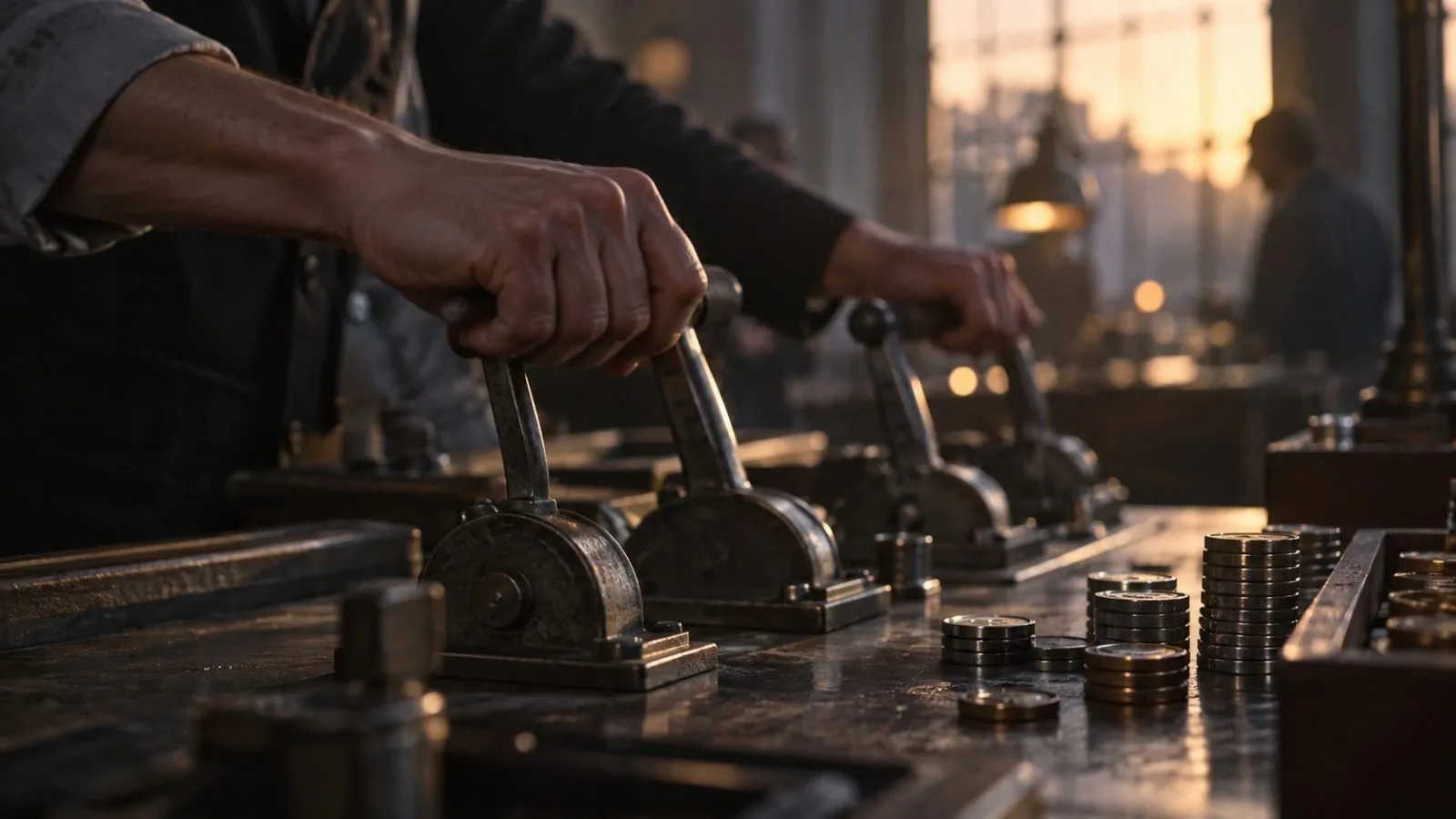 Metal token stacks beside a row of lowered trading levers / TokenPost.ai