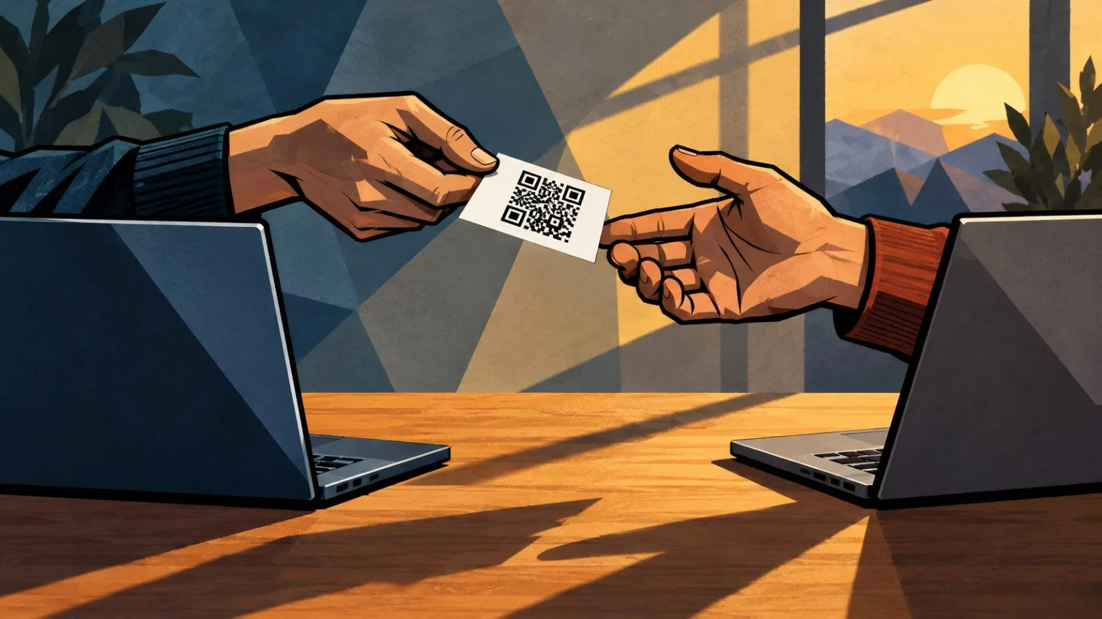 Hands exchange a QR code between two isolated laptops / TokenPost.ai