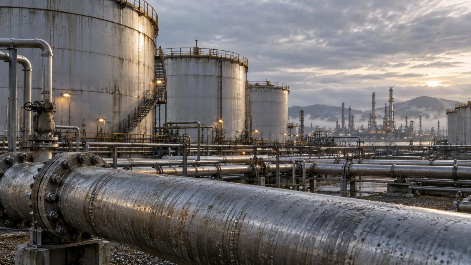 Crude storage tanks stand beside refinery pipelines in morning light / TokenPost.ai