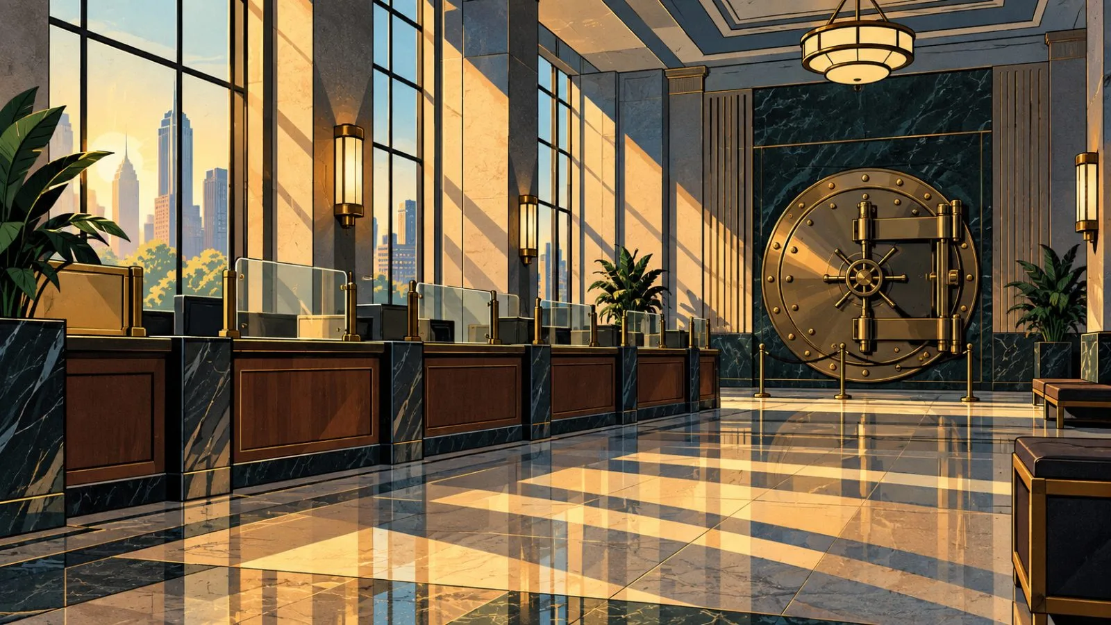 Modern bank lobby with teller counters and a brass vault door / TokenPost.ai