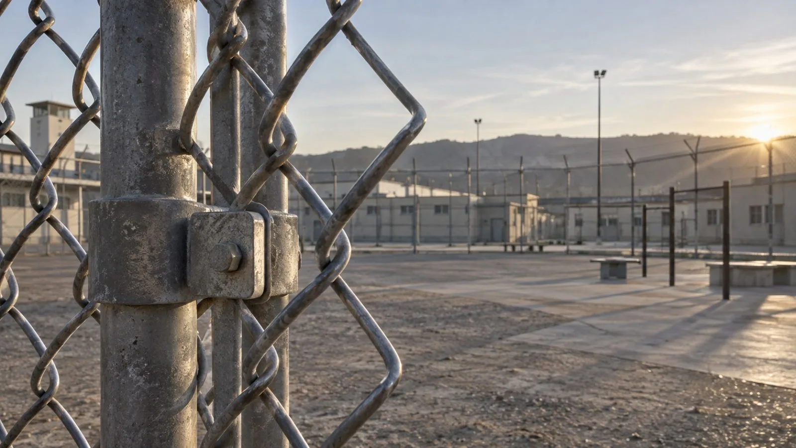 An empty exercise yard behind a chain-link fence in early morning light / TokenPost.ai