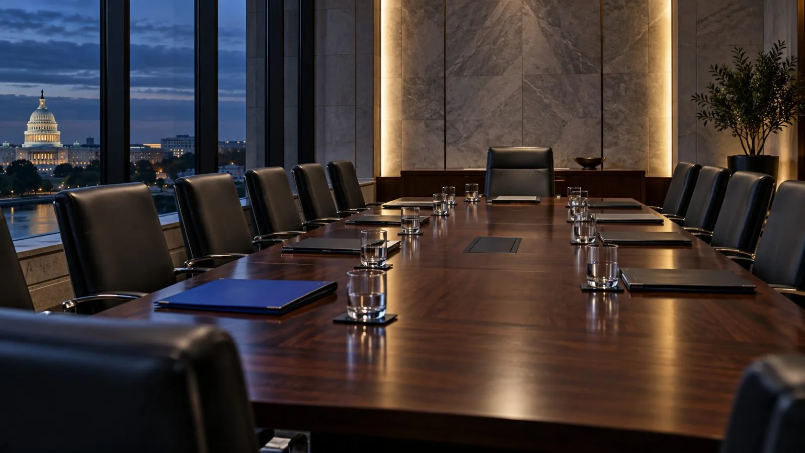 Empty chairs surround a long table in a formal meeting room / TokenPost.ai