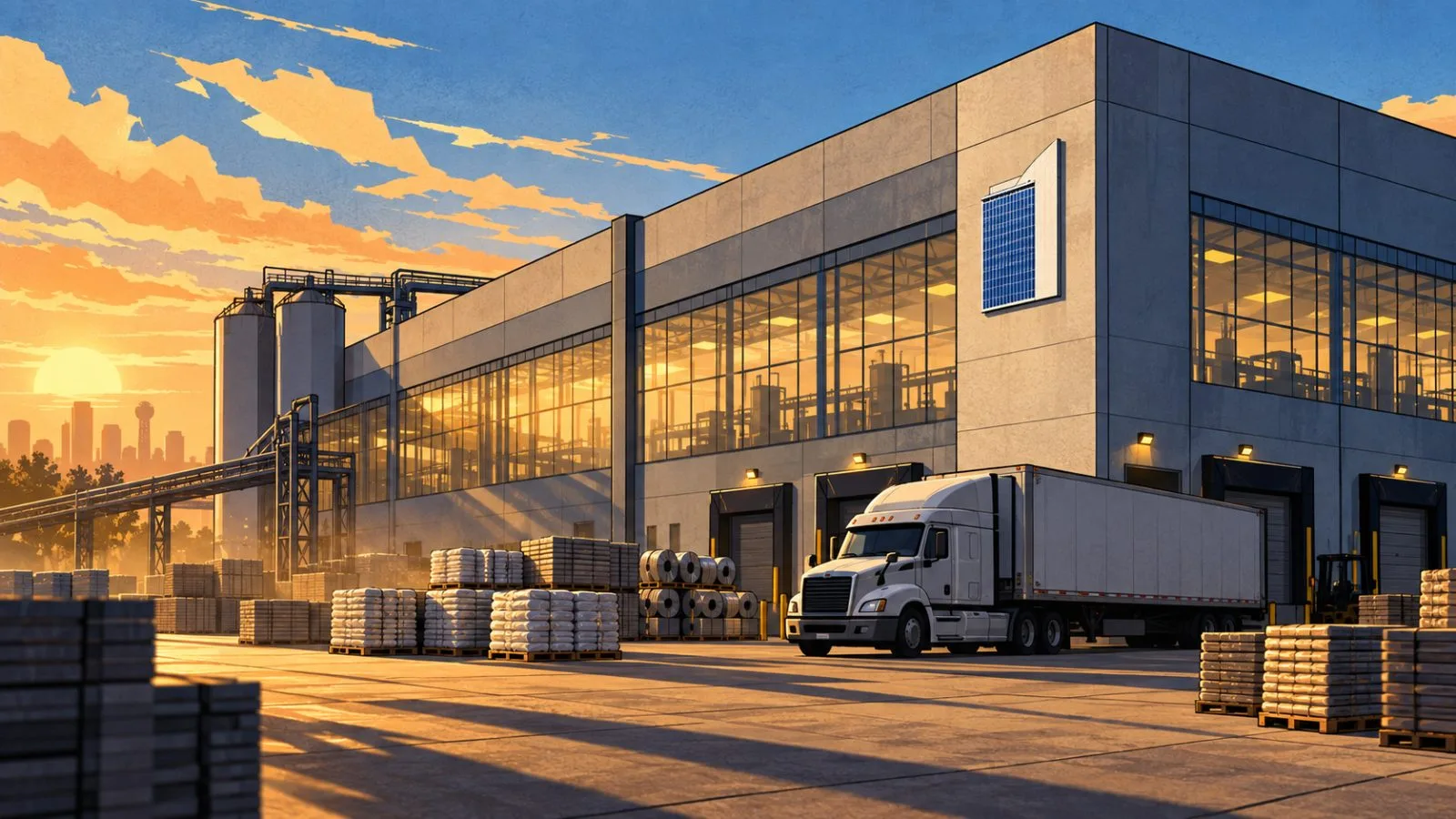 Delivery truck beside raw-material pallets inside a Texas factory / TokenPost.ai
