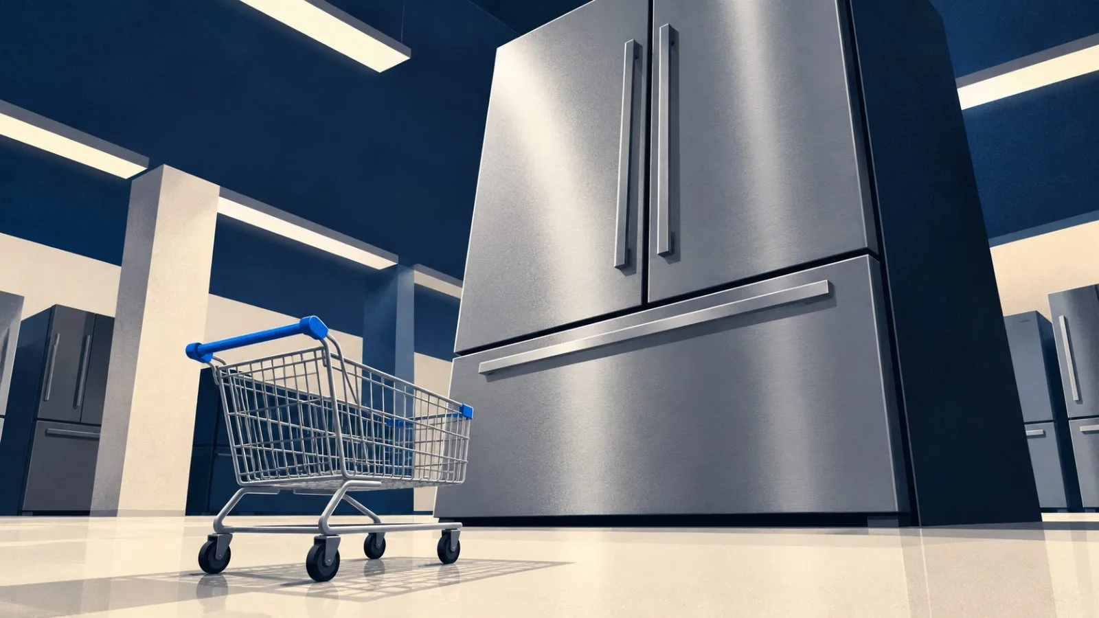 An empty shopping cart faces a refrigerator in a quiet showroom / TokenPost.ai