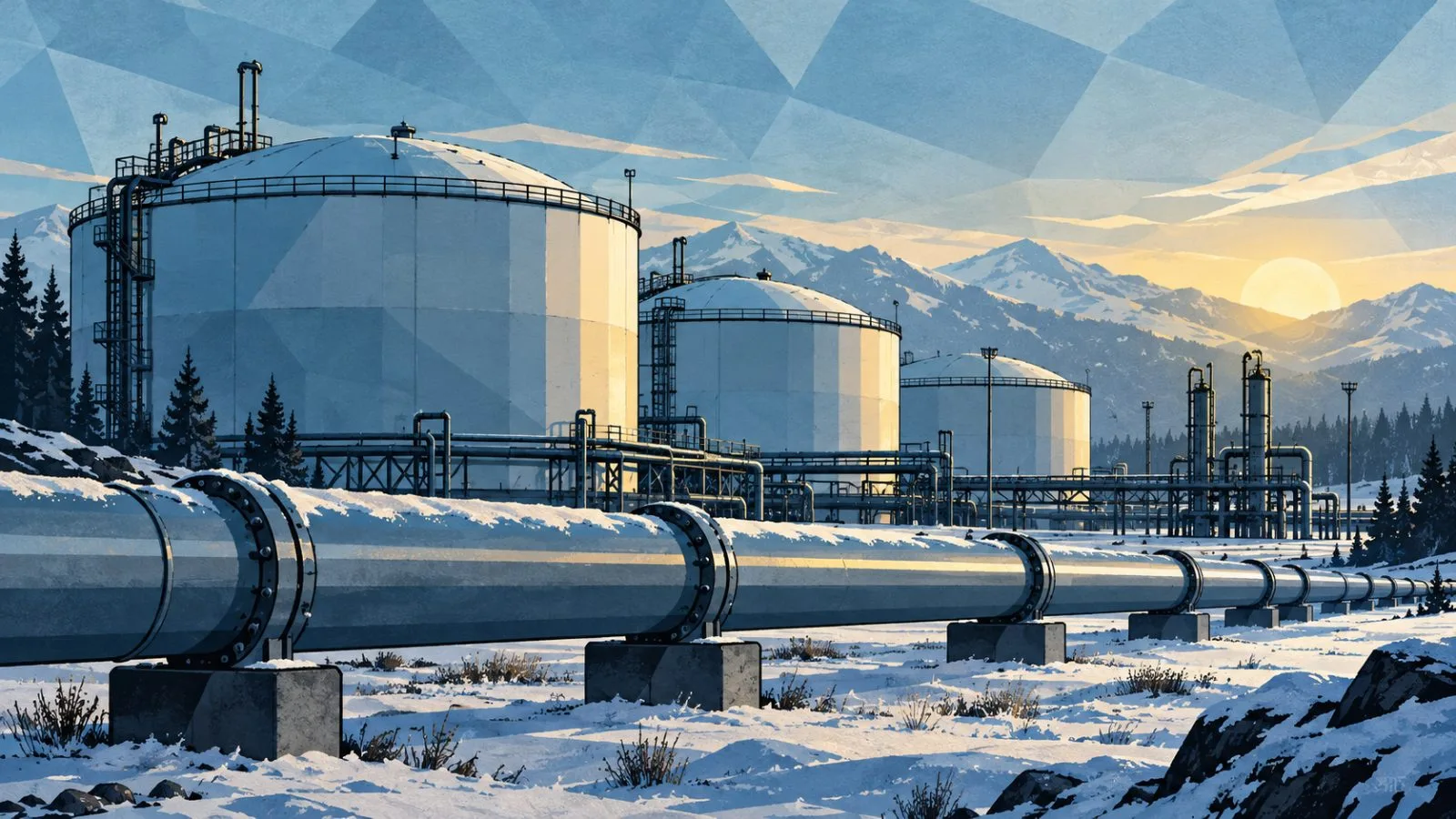 Gas storage tanks beside pipelines under pale winter morning light / TokenPost.ai