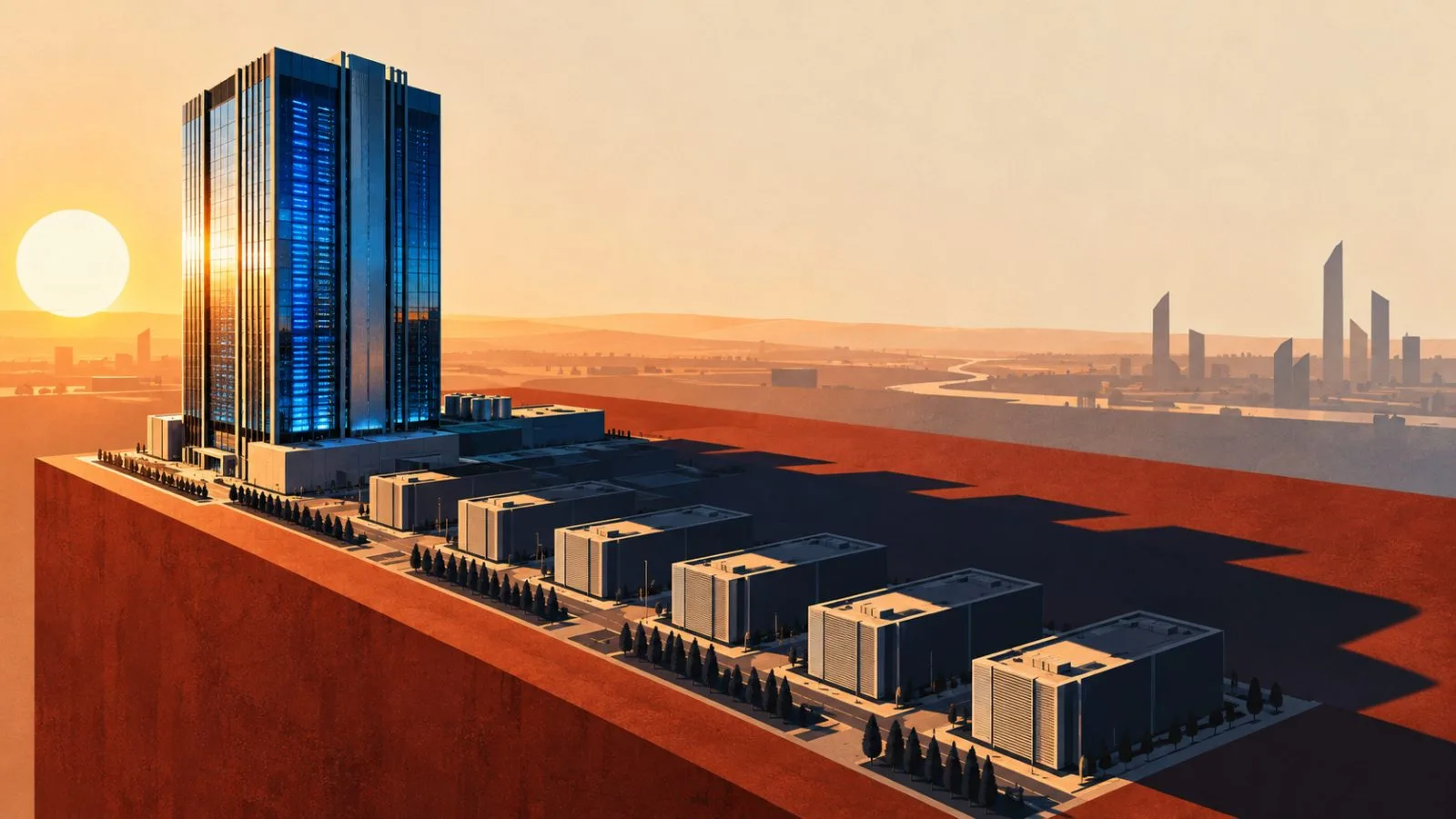 A model data center rises above a row of smaller buildings / TokenPost.ai