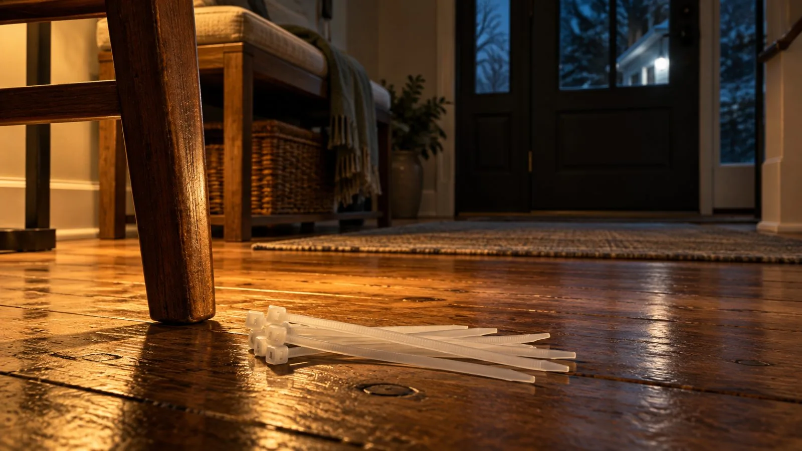 Zip ties lie beside a wooden chair in a dim entryway / TokenPost.ai