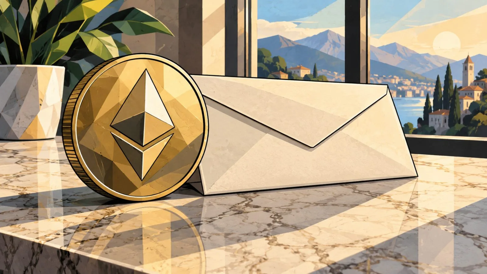 Ethereum coin beside a sealed payment envelope in morning light / TokenPost.ai