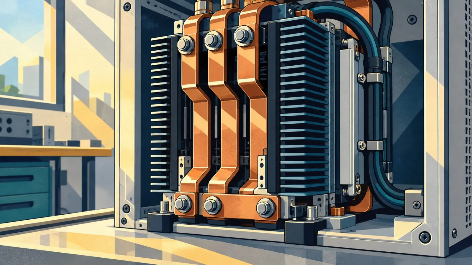 Copper conductors and cooling fins inside an electronics testing enclosure / TokenPost.ai