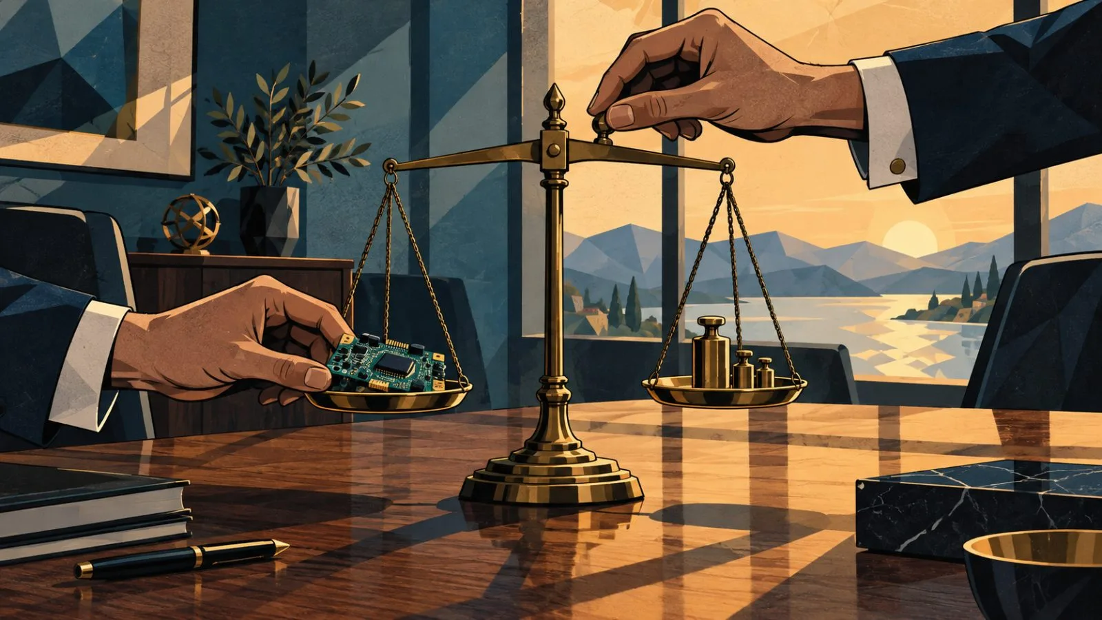 Anonymous hands balance a circuit board on a brass scale / TokenPost.ai