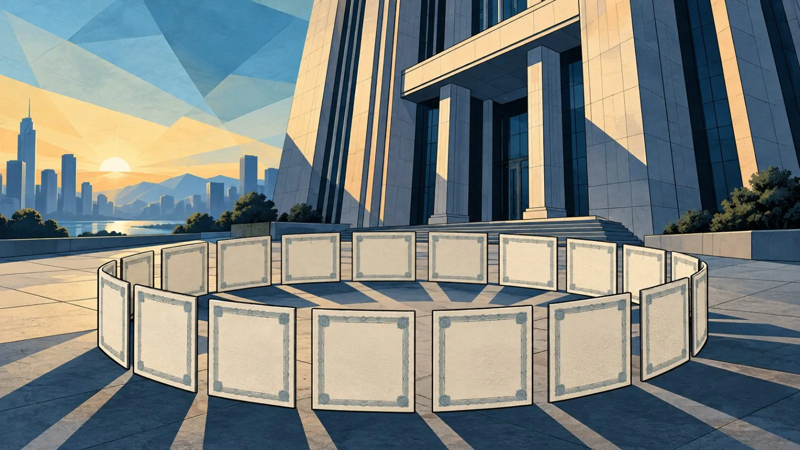 Blank share certificates arranged beside a corporate building model / TokenPost.ai