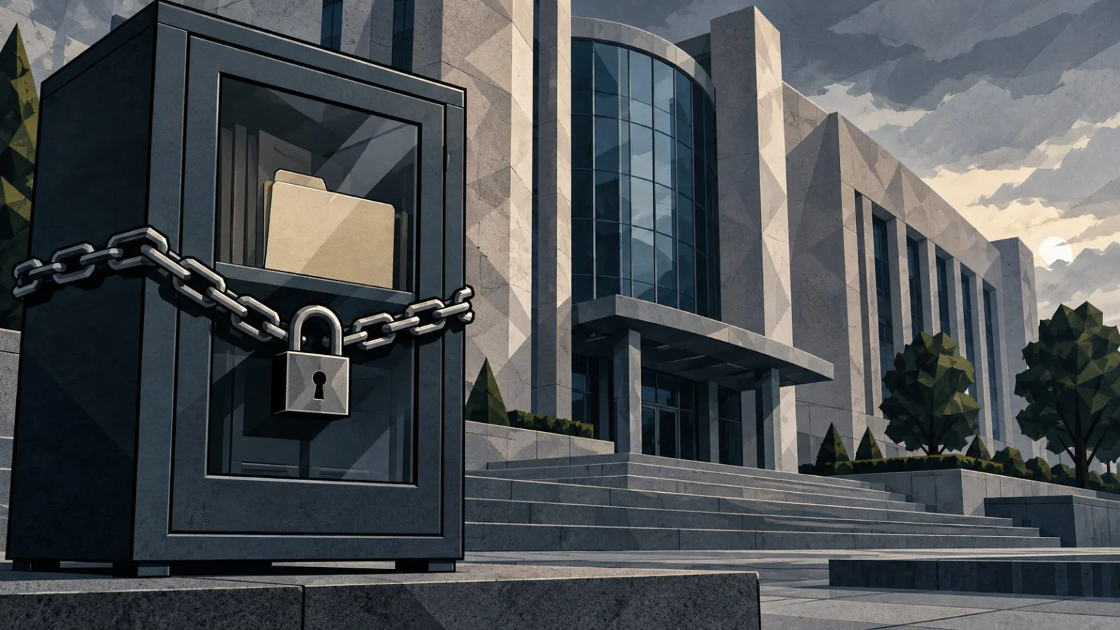 Sealed filing cabinet outside a modern securities regulator building / TokenPost.ai