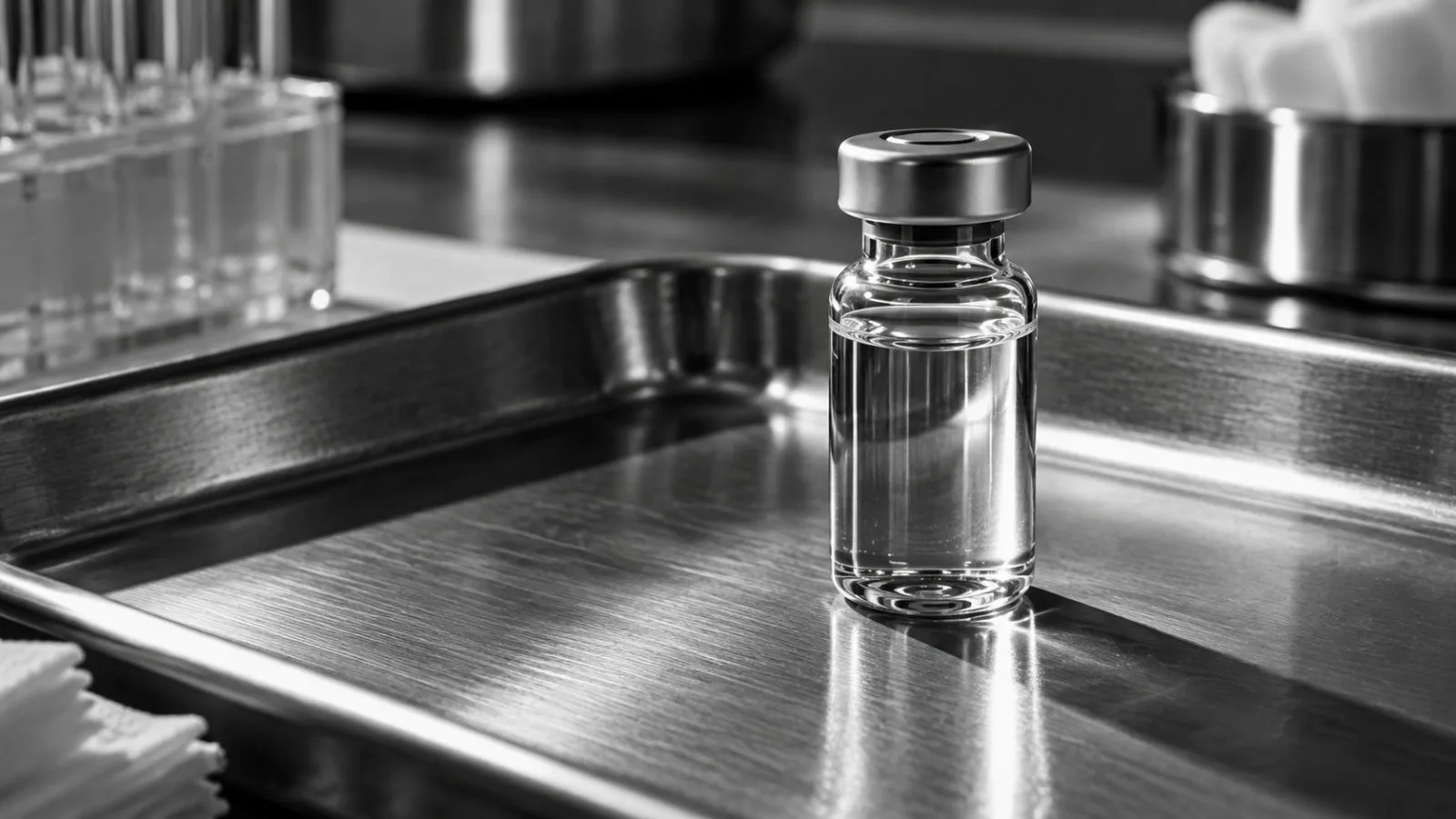 An unmarked medicine vial rests on a stainless laboratory tray / TokenPost.ai