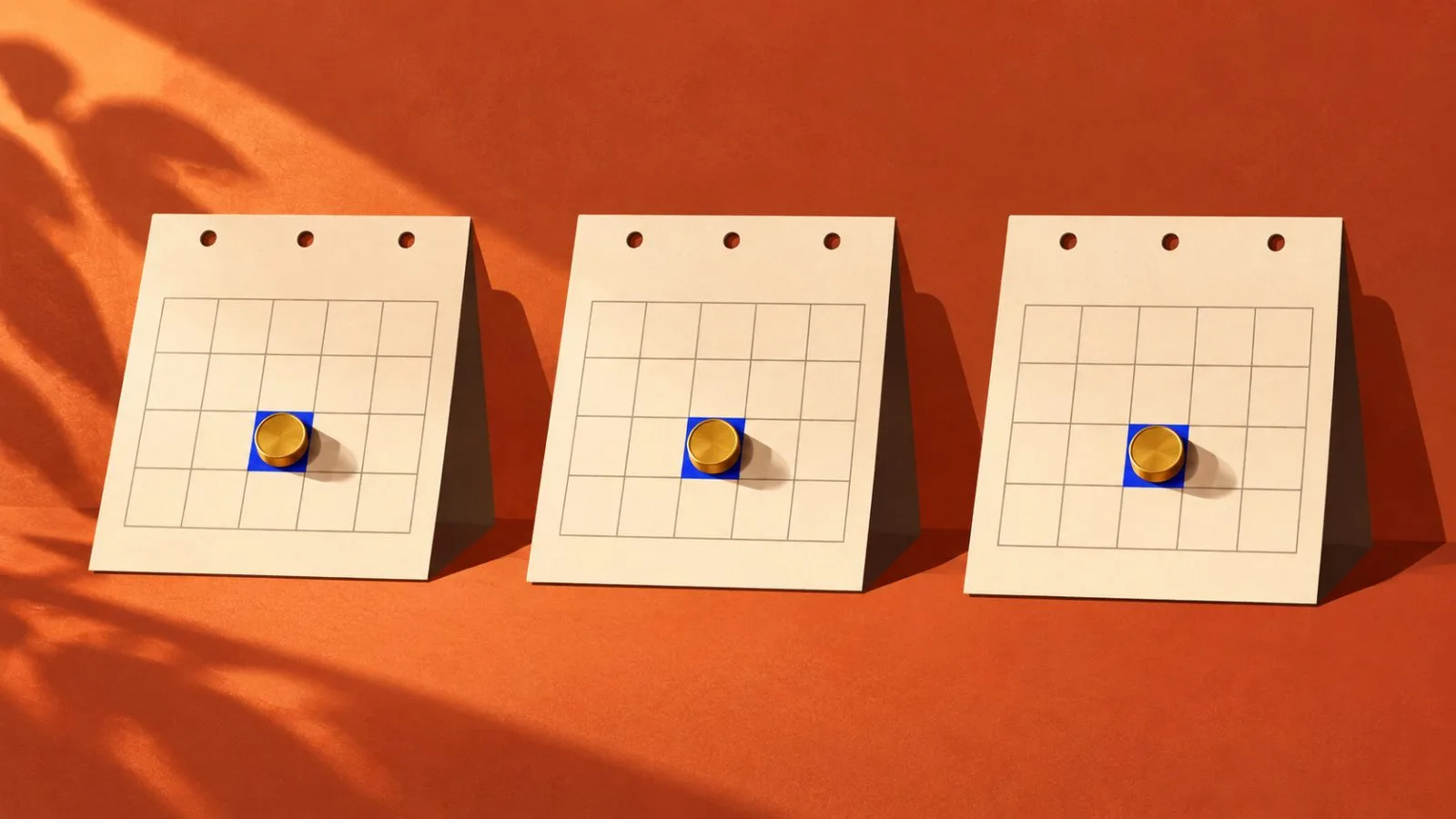 Three brass discs rest on marked calendar pages / TokenPost.ai
