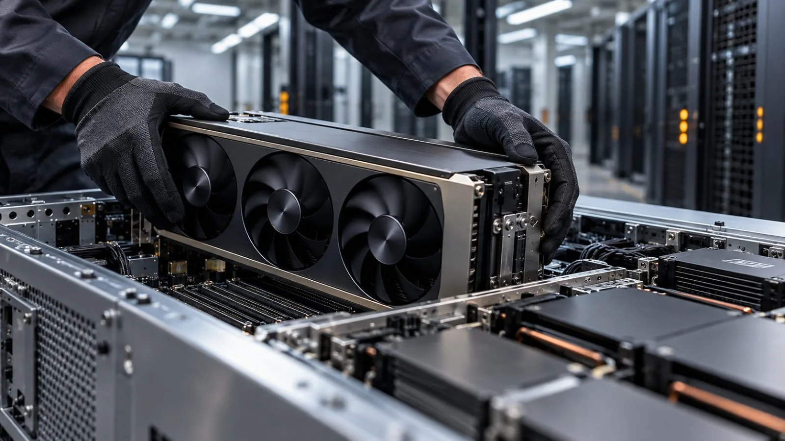 Hands guide an accelerator module into an open compute chassis / TokenPost.ai