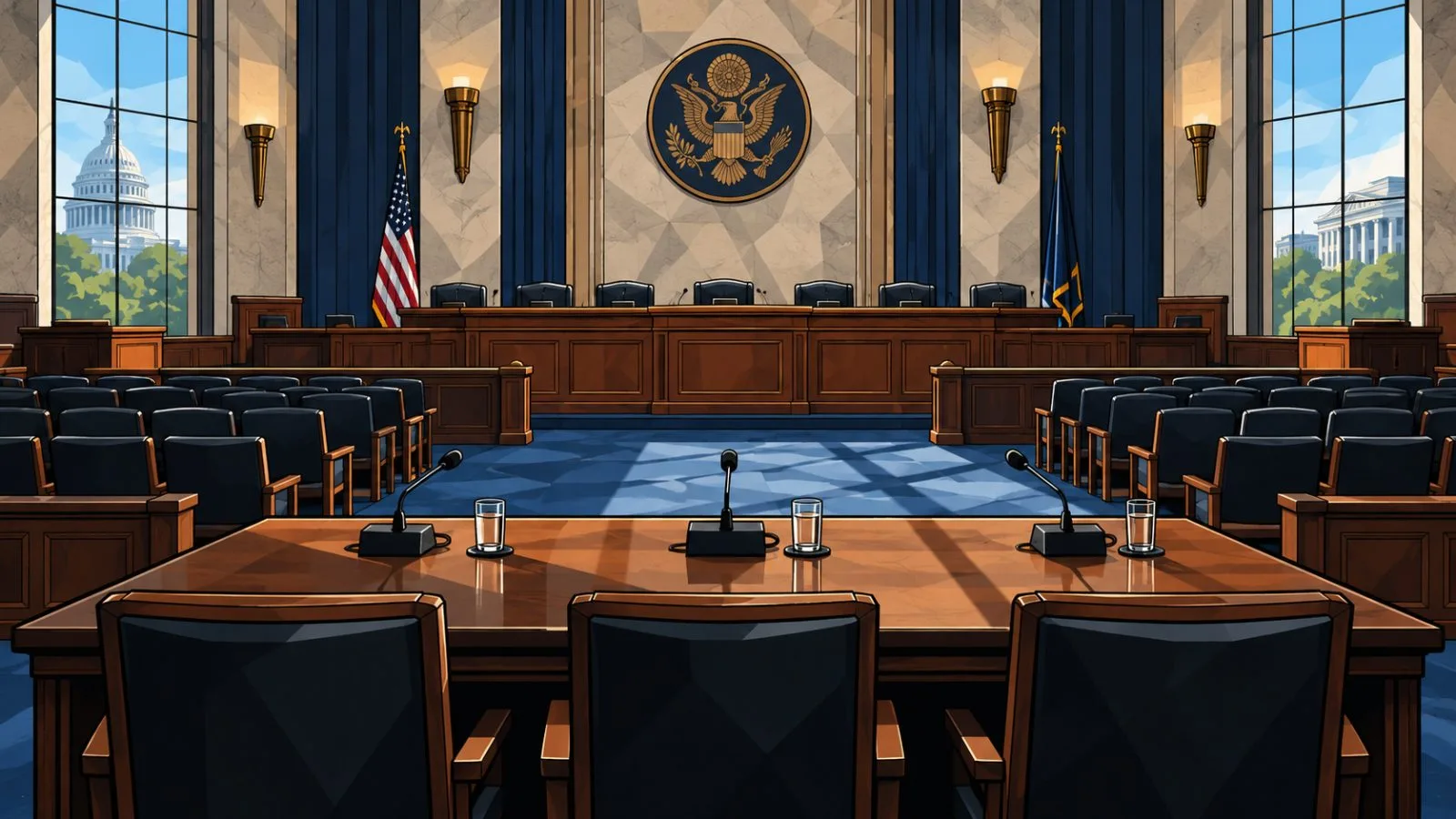 Empty witness table and microphones in a government hearing room / TokenPost.ai