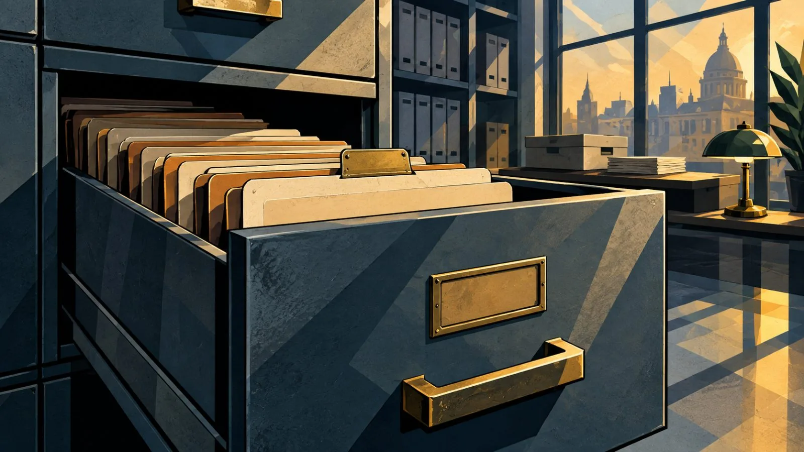 Plain folders rest inside an open metal archive drawer / TokenPost.ai