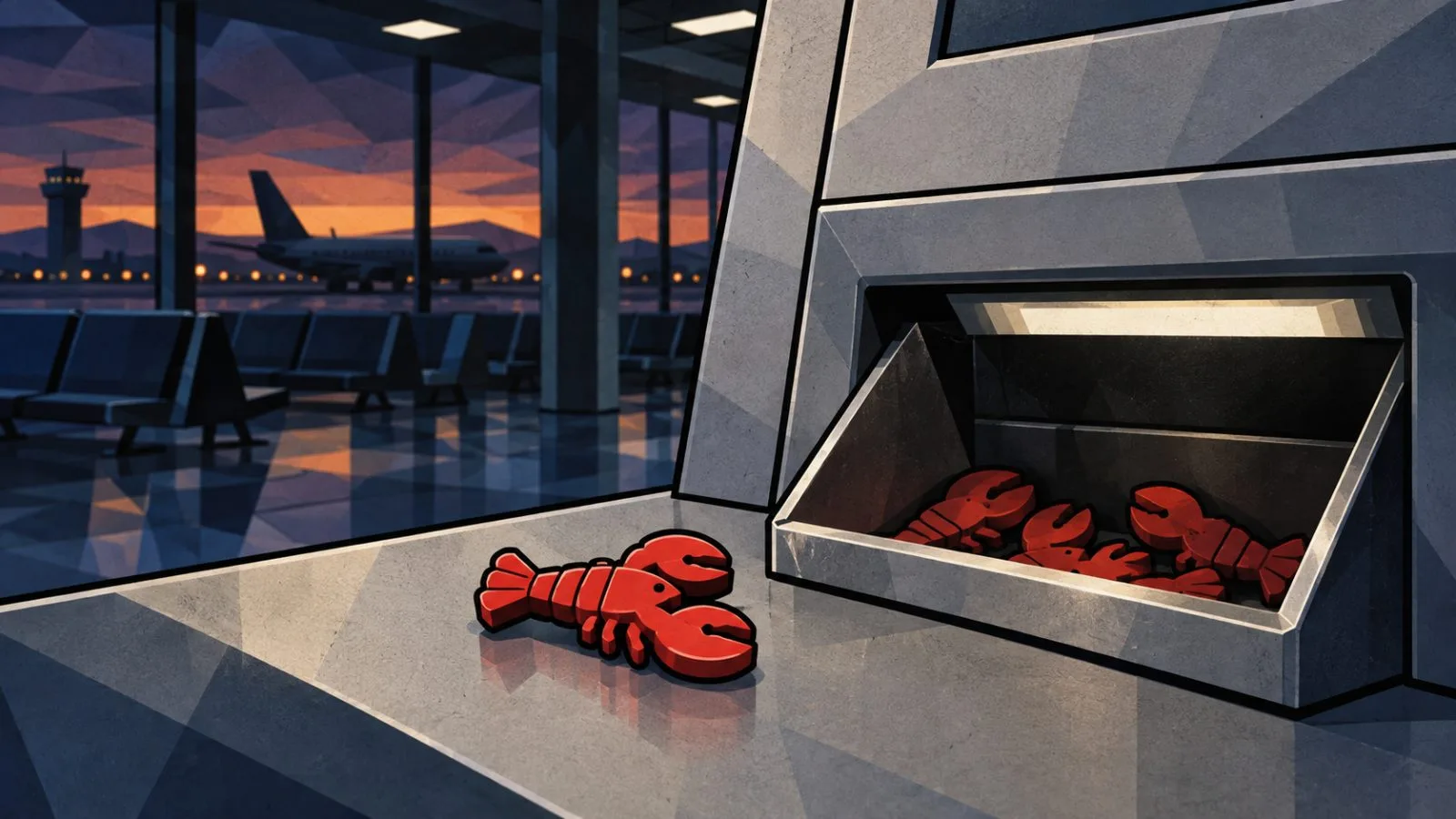Red lobster-shaped tokens beside two empty exchange trays / TokenPost.ai