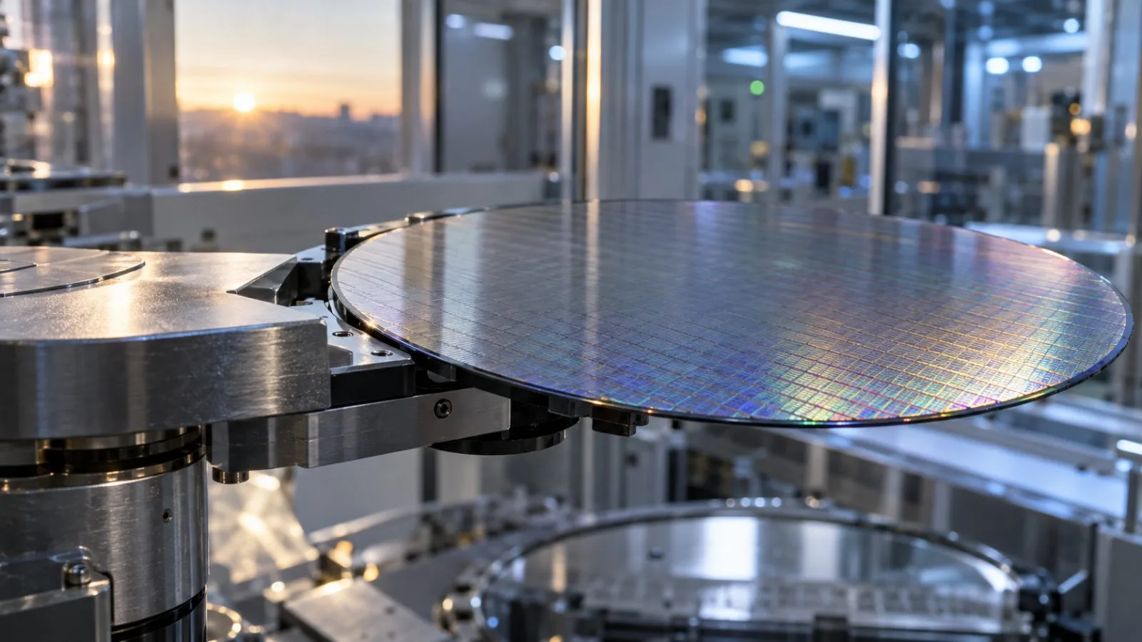 A silicon wafer held by a robotic arm inside a cleanroom / TokenPost.ai