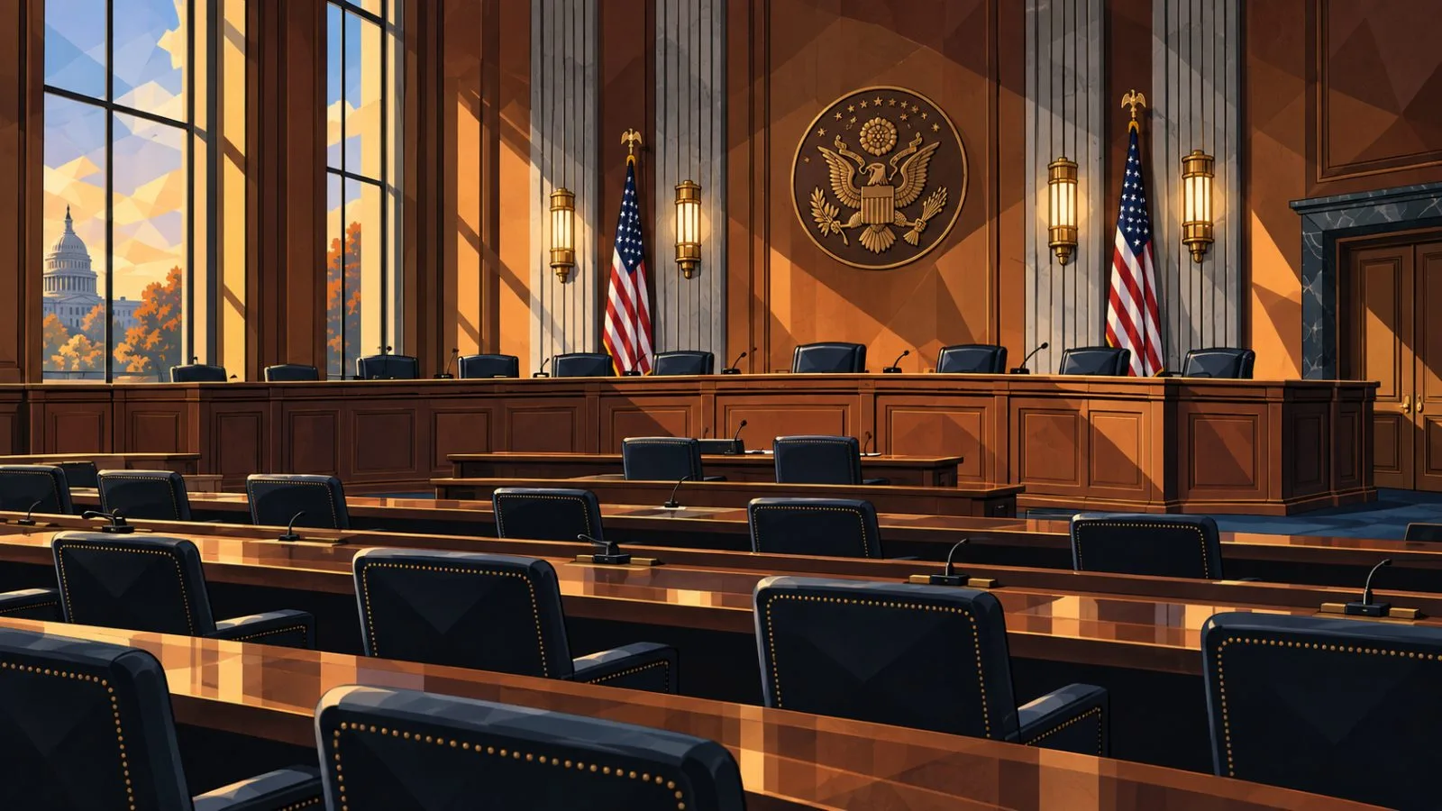 Empty committee hearing room with microphones and leather chairs / TokenPost.ai