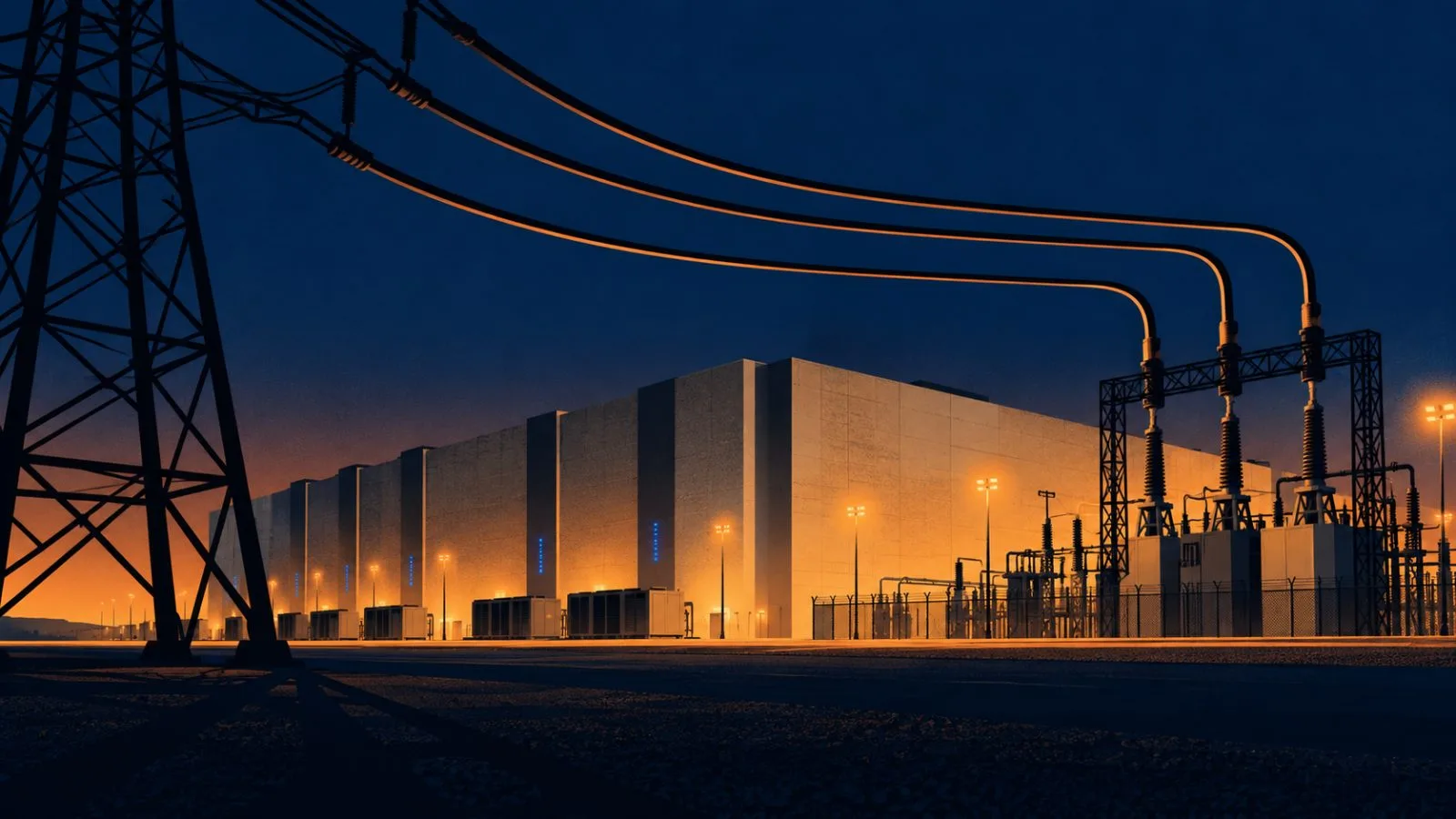 Transmission lines cross in front of a windowless data center at dusk. / TokenPost.ai