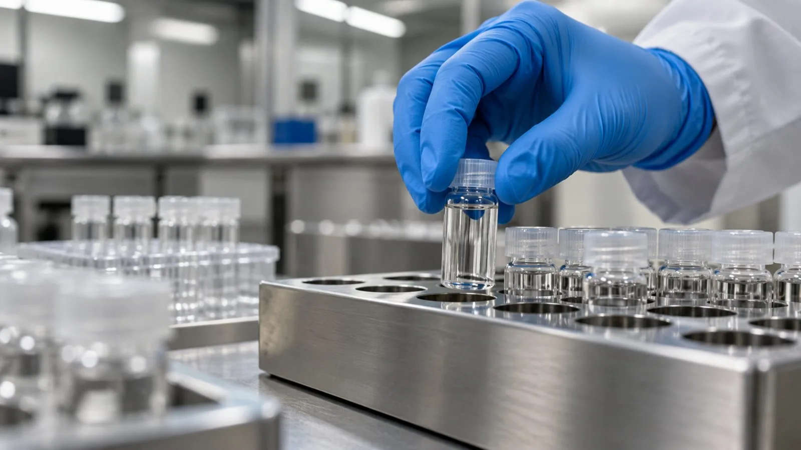 Gloved hands place an unmarked specimen vial into a laboratory rack / TokenPost.ai