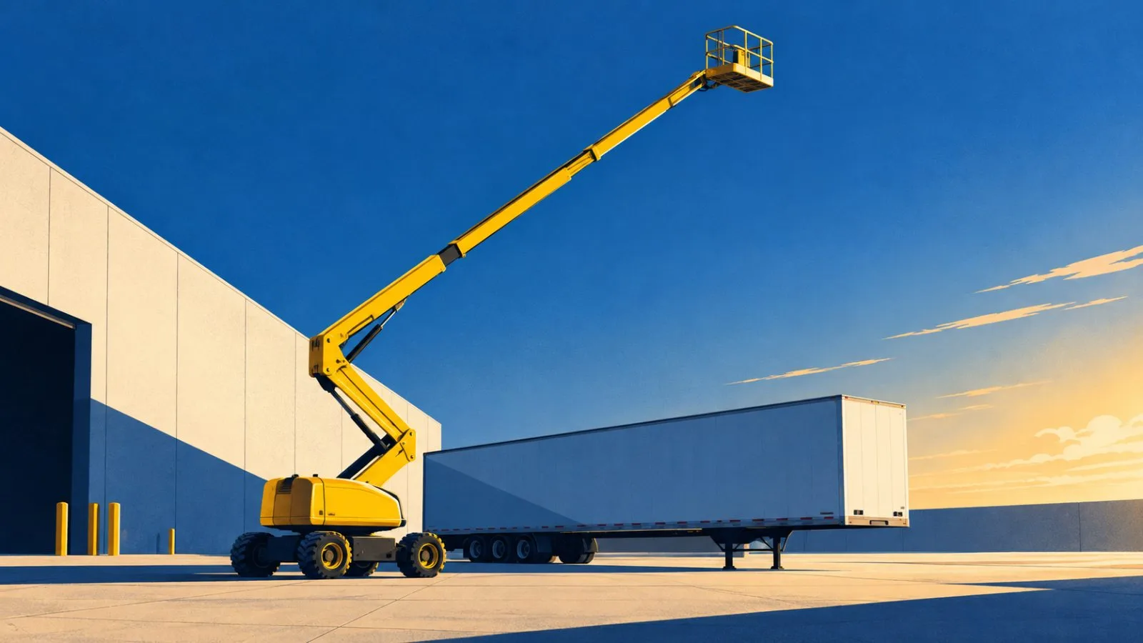 A boom lift rises beside a freight trailer in warm evening light / TokenPost.ai