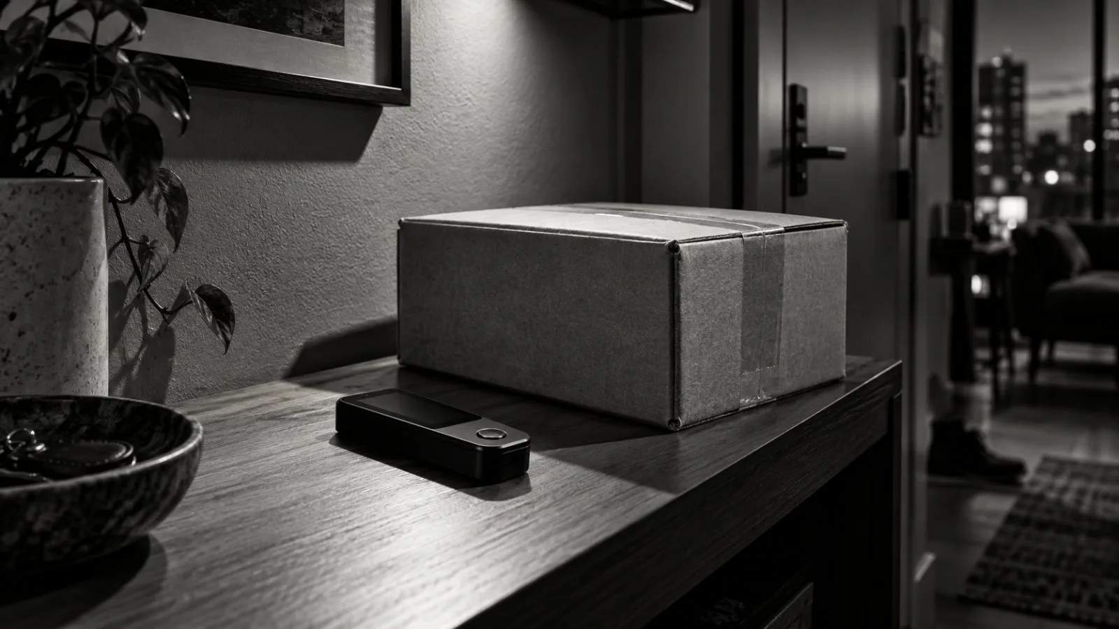 A hardware wallet rests beside an unmarked shipping parcel / TokenPost.ai (mono)