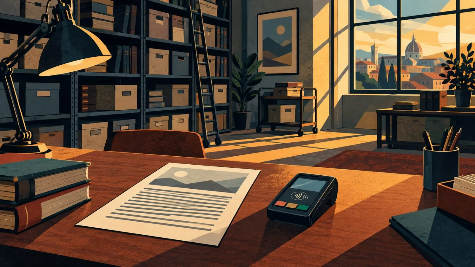 A printed page rests beside a compact payment terminal in soft window light / TokenPost.ai