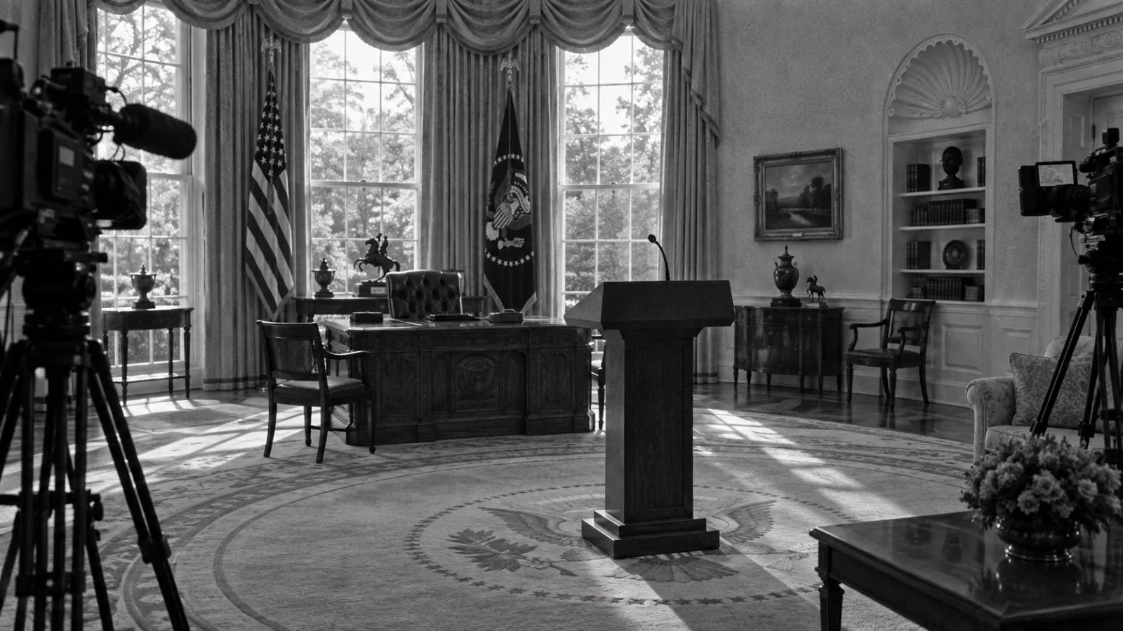Empty lectern and cameras positioned inside the Oval Office / TokenPost.ai